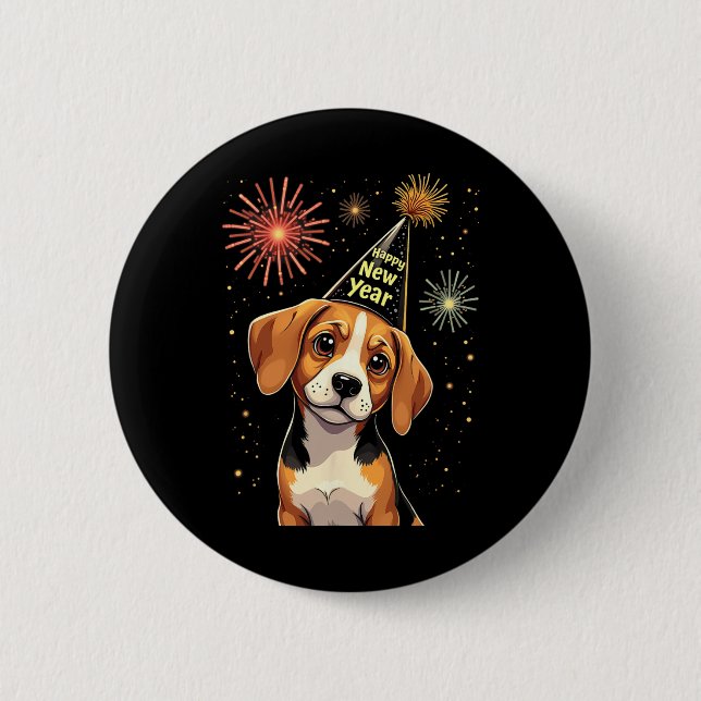 Happy New Year 2025 Eve Firework Dog Funny Beagle  Button (Front)
