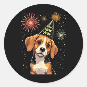 Happy New Year 2025 Eve Firework Dog Funny Beagle  Classic Round Sticker