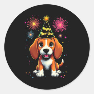 Happy New Year 2025 Eve Firework Dog Funny Beagle  Classic Round Sticker