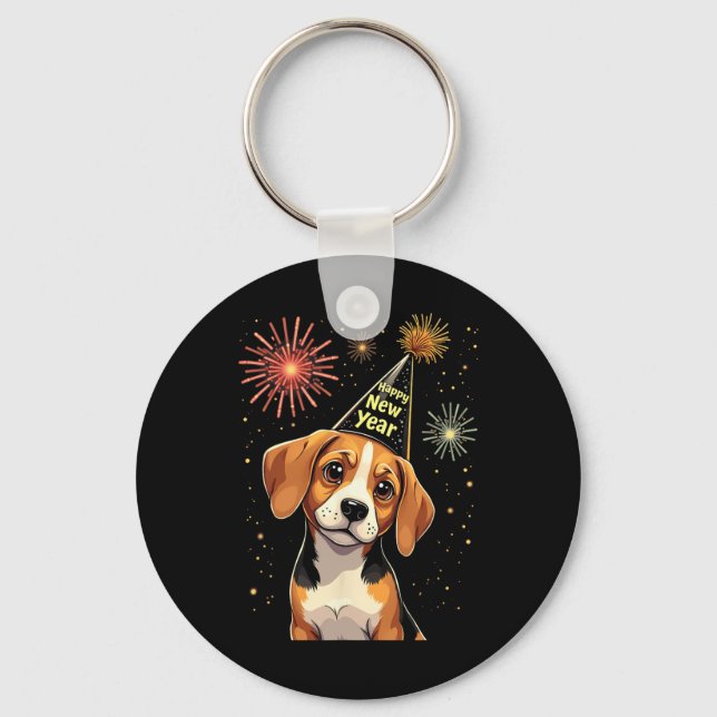 Happy New Year 2025 Eve Firework Dog Funny Beagle  Keychain (Front)