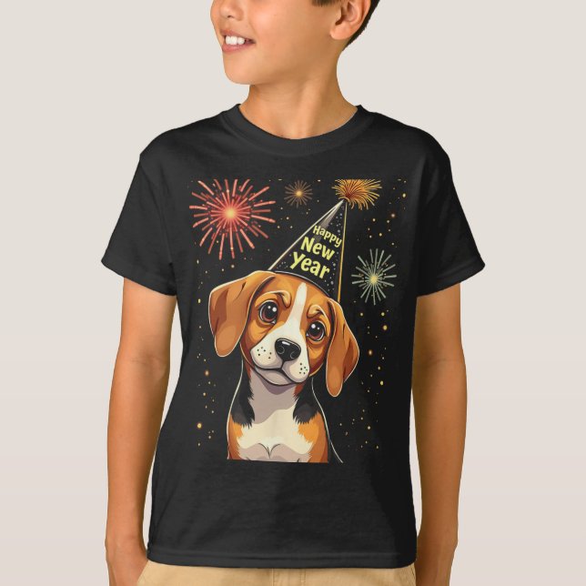 Happy New Year 2025 Eve Firework Dog Funny Beagle  T-Shirt (Front)