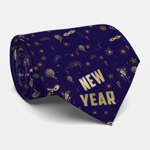 Happy New Year 2025, Festive Glitter Gold Holiday Neck Tie