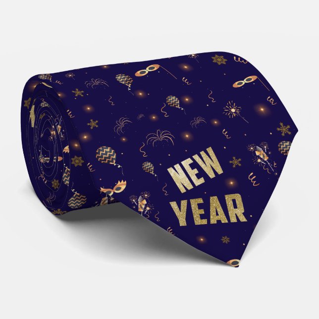 Happy New Year 2025, Festive Glitter Gold Holiday Neck Tie (Rolled)