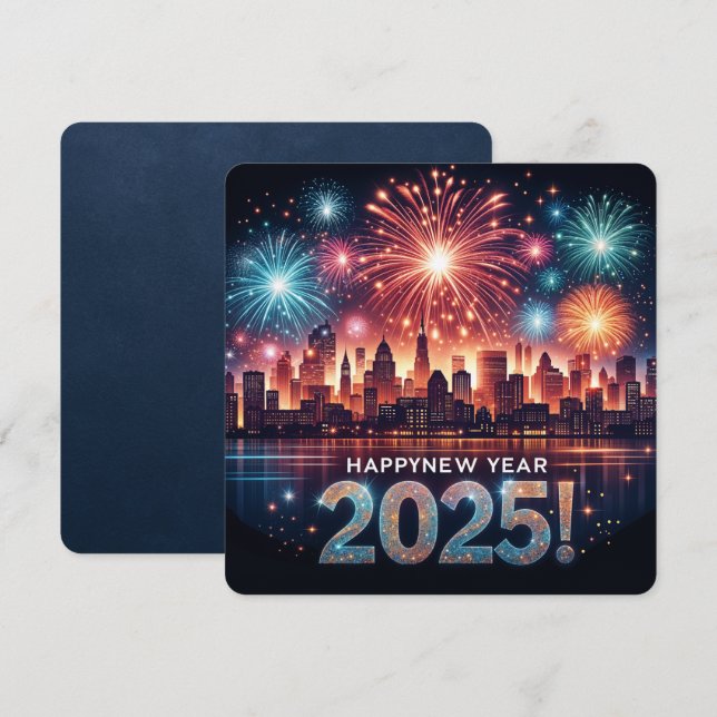 Happy New Year 2025 Fireworks Cityscape Greeting C Holiday Card (Front/Back)