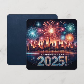 Happy New Year 2025 Fireworks Cityscape Greeting C Holiday Card