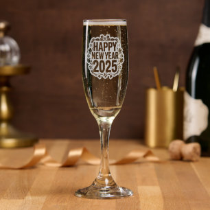 Happy New Year 2025 Folk Art Floral  Champagne Flute