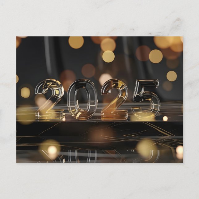 Happy New Year 2025 Glass Text Bokeh Holiday Postcard (Front)