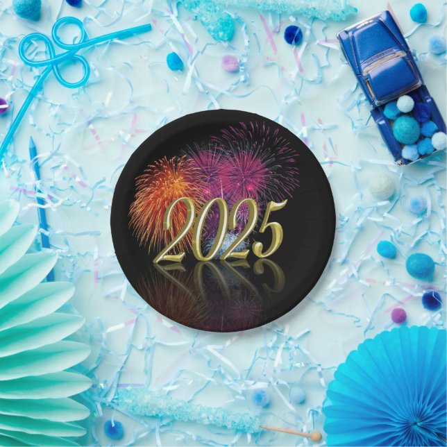 Happy New Year 2025 Gold Fireworks Paper Plates (Party)