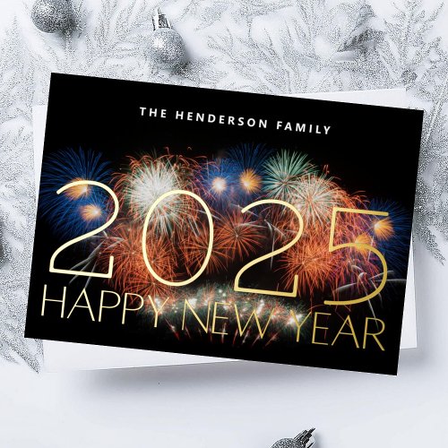 HAPPY NEW YEAR 2025 GOLD FIREWORKS PHOTO BACK FOIL HOLIDAY CARD