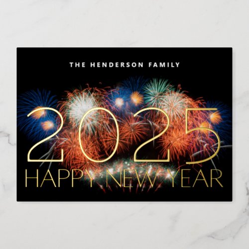 HAPPY NEW YEAR 2025 GOLD FIREWORKS PHOTO BACK FOIL HOLIDAY CARD