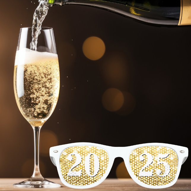 Happy New Year 2025 Gold Glitter Chic White Party Retro Sunglasses (Creator Uploaded)
