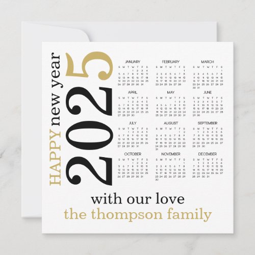 Happy New Year 2025 Gold White Calendar  Holiday Card