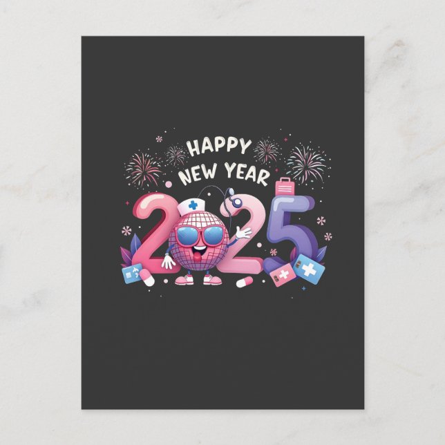 Happy New Year 2025 Nursing Disco Ball Healthcare Postcard (Front)