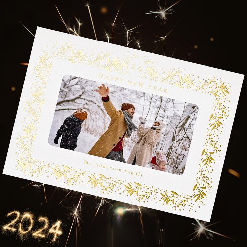 Happy New Year 2025  Photo Gold Botanical Frame  Foil Holiday Card