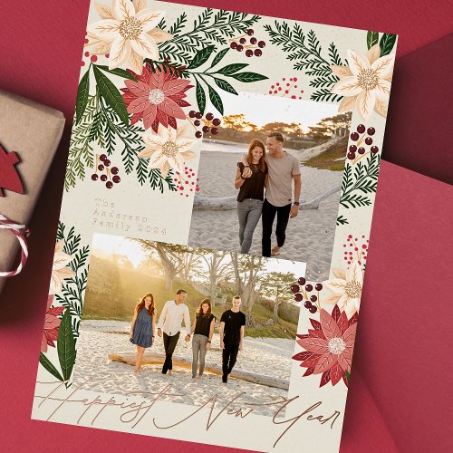 Happy New Year 2025 Poinsettia Multi Photo  Foil Holiday Card