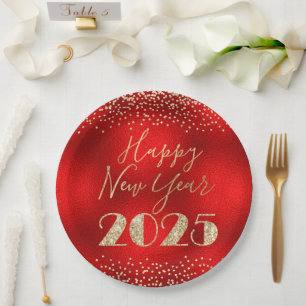 Happy New Year 2025 Red and Gold Glitter Diamonds Paper Plates
