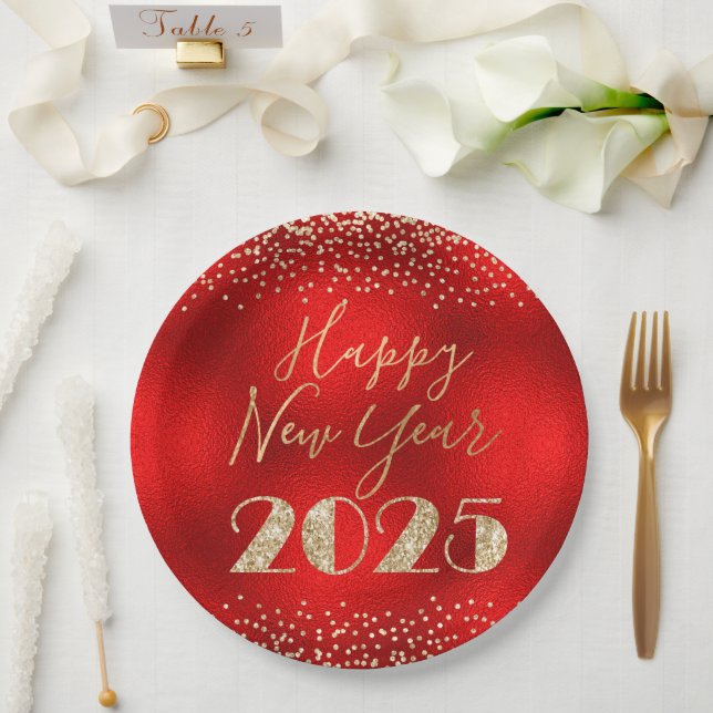 Happy New Year 2025 Red and Gold Glitter Diamonds Paper Plates (Wedding)