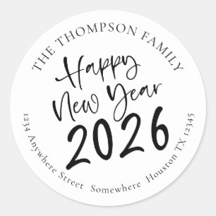 Happy New Year 2025 Script Return Name Address Classic Round Sticker