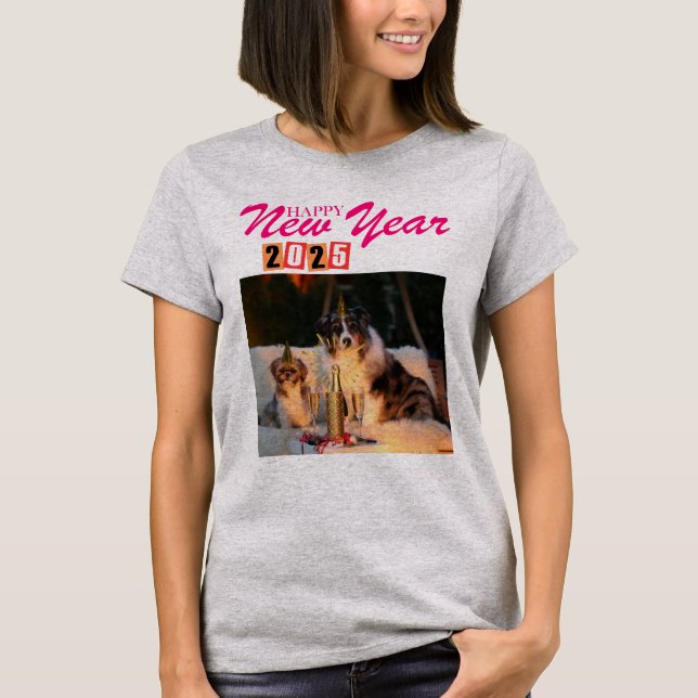"Happy New Year 2025 Tshirts – Festive Dog Party  (Front)