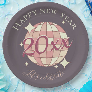 Happy new year 2025 year's eve party retro decor paper plates