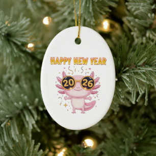 Happy New Year 2026 Axolotl Cute Party Ceramic Ornament