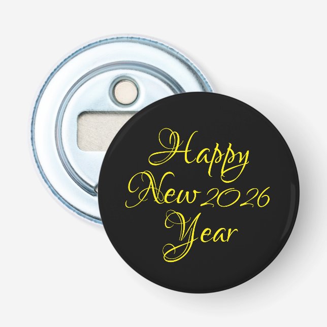 Happy New Year 2026 Black and Yellow Script  Bottle Opener (Front)