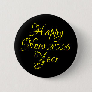 Happy New Year 2026 Black and Yellow Script  Button