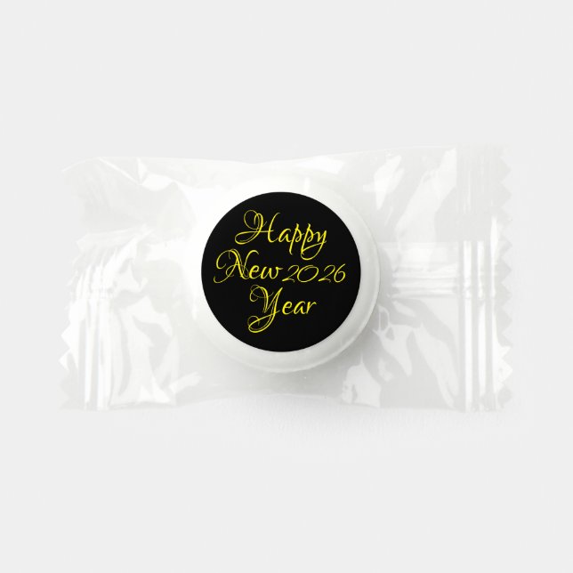 Happy New Year 2026 Black and Yellow Script  Life Saver® Mints (Front)