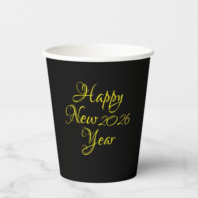 Happy New Year 2026 Black and Yellow Script  Paper Cups (Front)