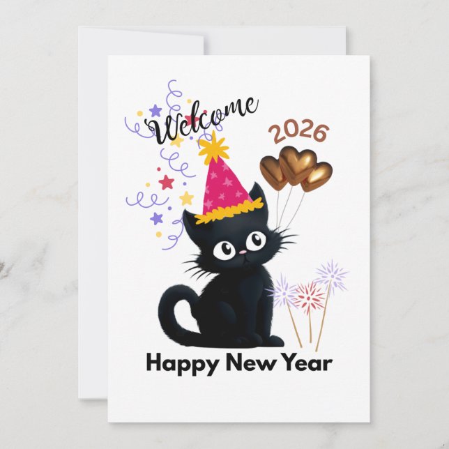 Happy New Year 2026 Black Cat Card  (Front)