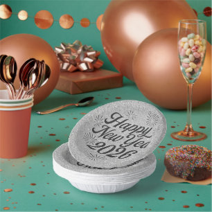 Happy New Year 2026 Black & Silver Glitter Paper Bowls