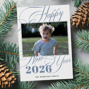 Happy New Year 2026 blue typography script photo Holiday Card