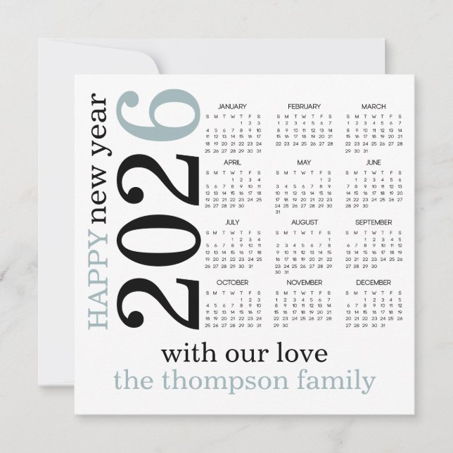 Happy New Year 2026 Blue White Calendar  Holiday Card (Front)