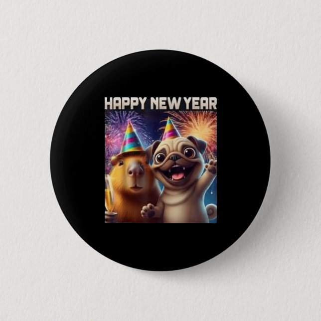 Happy New Year 2026 Capybara Pug Party Art  Button (Front)