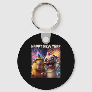 Happy New Year 2026 Capybara Pug Party Art Keychain