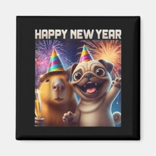 Happy New Year 2026 Capybara Pug Party Art  Magnet