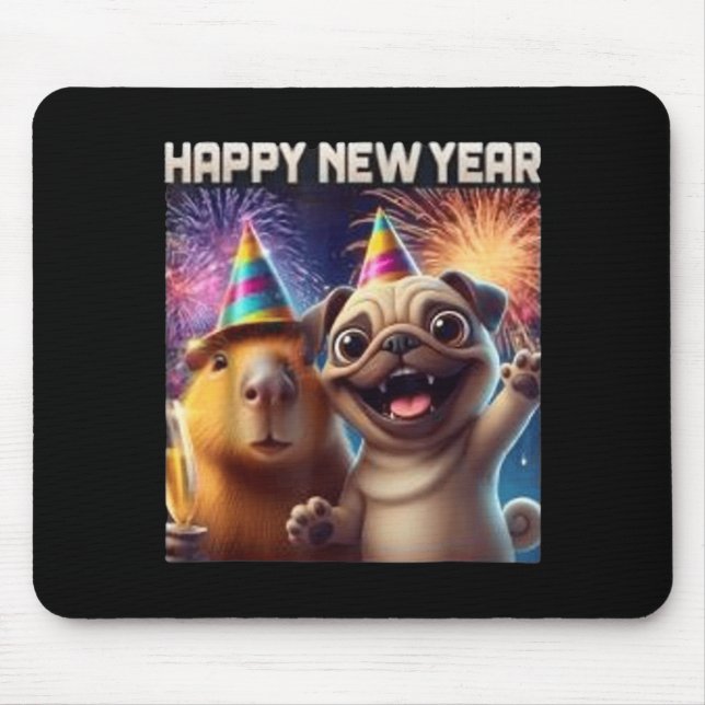 Happy New Year 2026 Capybara Pug Party Art  Mouse Pad (Front)