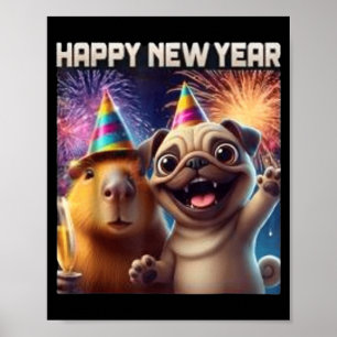 Happy New Year 2026 Capybara Pug Party Art Poster