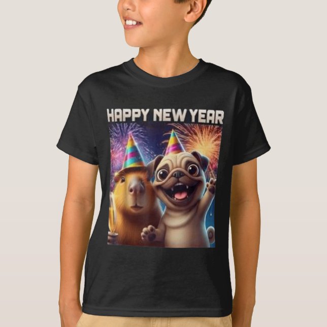 Happy New Year 2026 Capybara Pug Party Art  T-Shirt (Front)