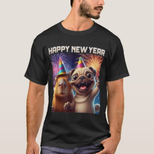 Happy New Year 2026 Capybara Pug Party Art  T-Shirt