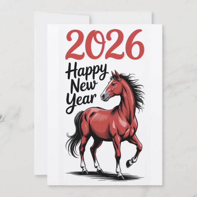 Happy New Year 2026 Card Red Horse Illustration (Front)