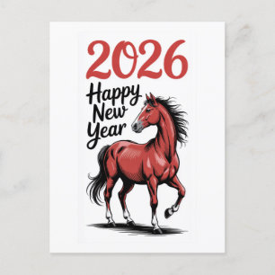 Happy New Year 2026 Card Red Horse Illustration