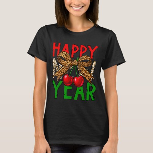 Happy New Year 2026 Cherries & Leopard Coquett T-Shirt