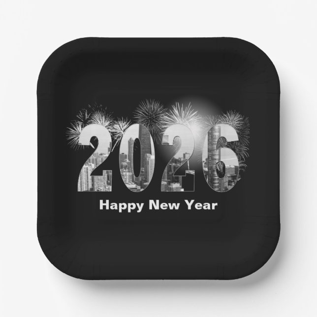 Happy New Year 2026 Chicago Skyline Paper Plates (Front)