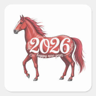 Happy New Year 2026 Chinese Red Horse Square Sticker