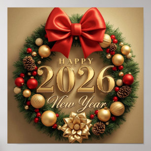 happy new year 2026 classic wreath poster