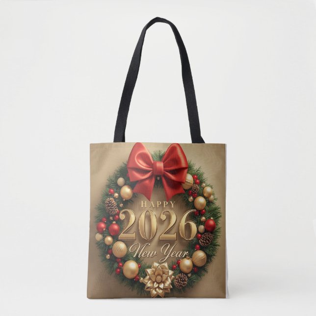 happy new year 2026 classic wreath tote bag (Front)