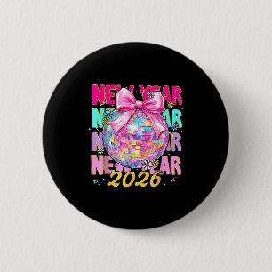 Happy New Year 2026 Coquette Bow & Disco Ball Button