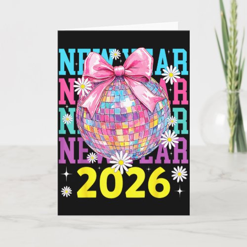 Happy New Year 2026 Coquette Bow & Disco Ball Card
