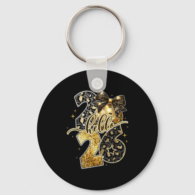Happy New Year 2026 Coquette Bow Golden Family Mat Keychain (Front)